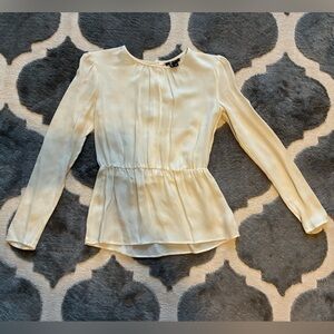 Theory 100% silk long sleeve ivory cream blouse top plum pleated button back